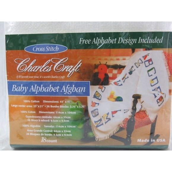 Charles Craft Baby Alphabet Afghan 100% Cotton Cloth 18 Count 45x41" White - Picture 3 of 4